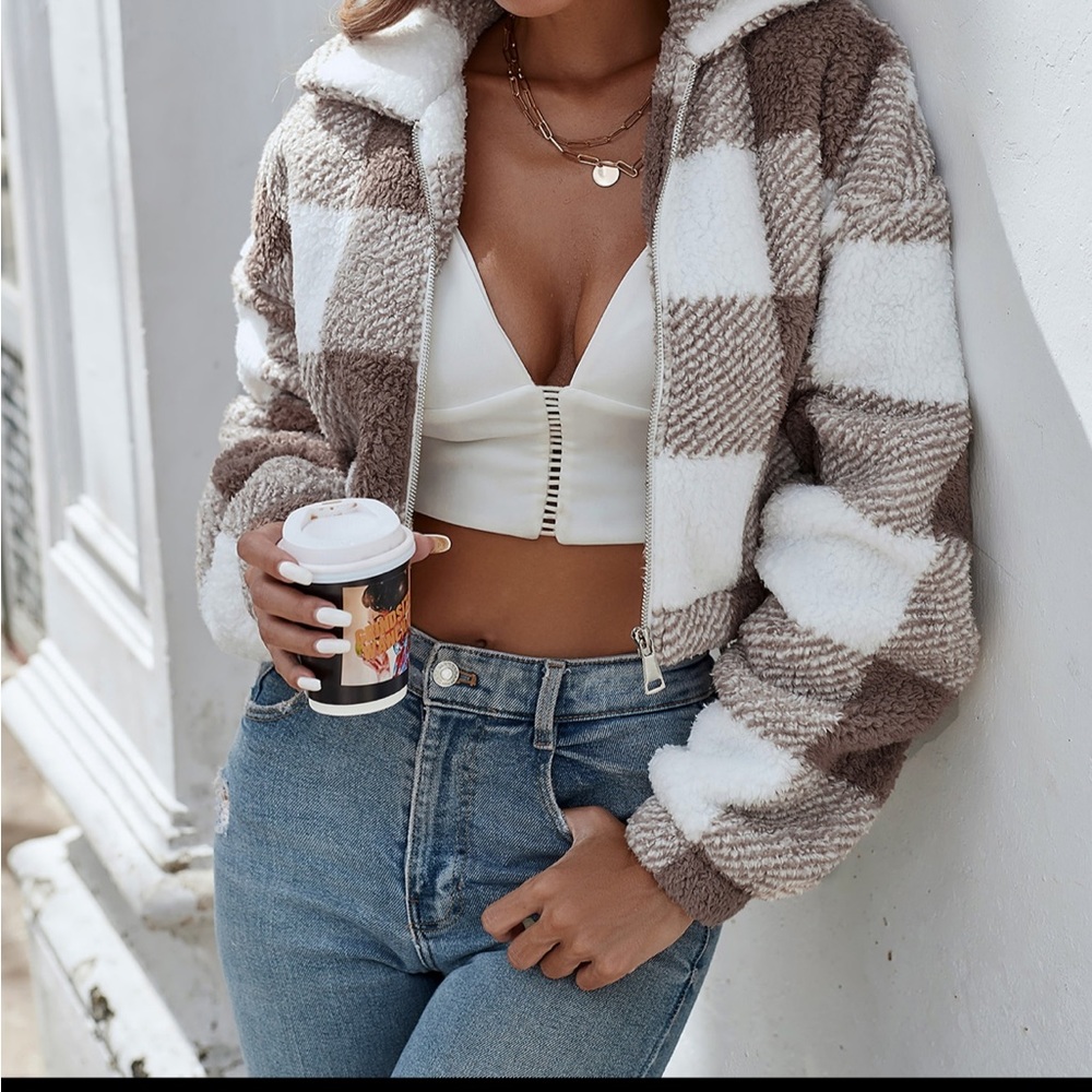 Teddy cropped plaid jacket SHEIN